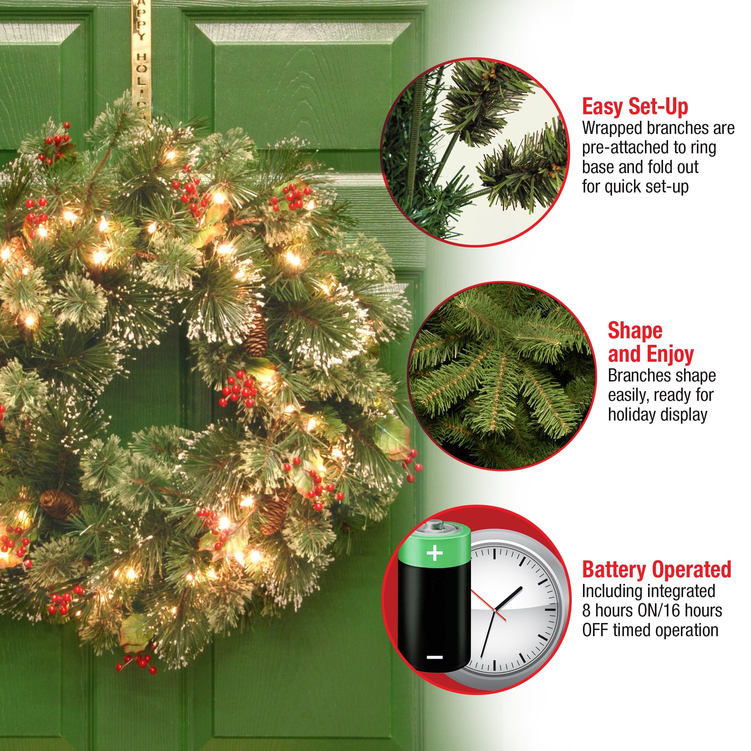 National Tree Company 2 ft. Wintry Pine Wreath w/ Battery Timer - 2 ft