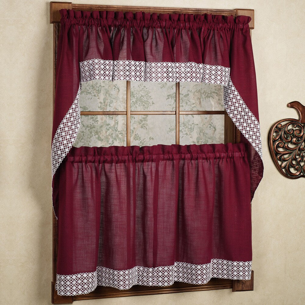 Burgundy Country Style Curtain Parts with White Daisy Lace Accent- Tier, Swag and Valances