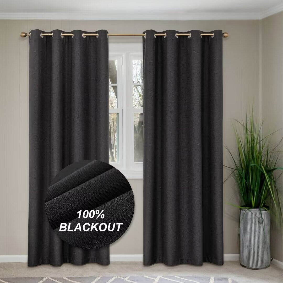 Linen Textured 100% Blackout Grommet Curtain Pair(Set of 2)