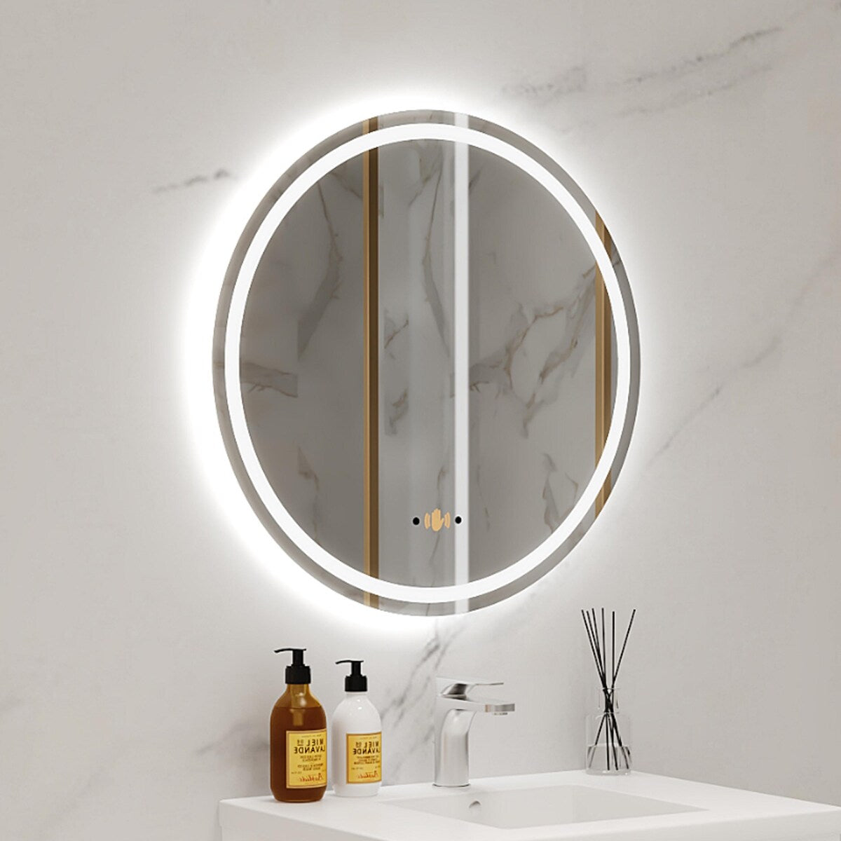 Round Smart LED Bathroom Mirror, 24''/30''/36'' Lighted Wall Mounted Vanity Mirror, Anti-fog, Frameless,Three Color, Dimmable