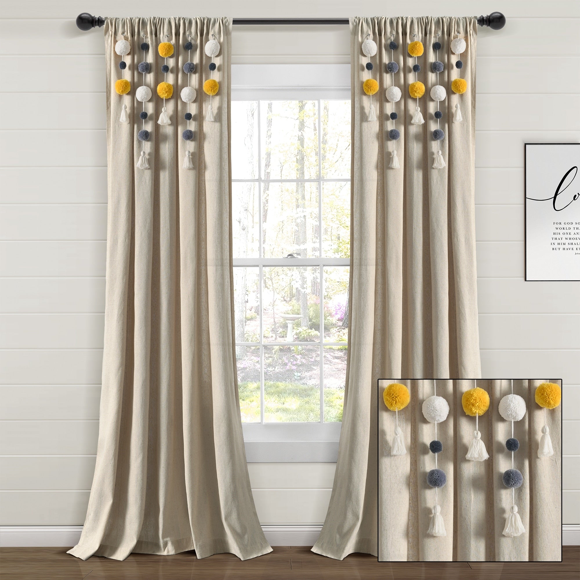 Lush Decor Boho Pom Pom Tassel Linen Window Curtain Panel (Single)