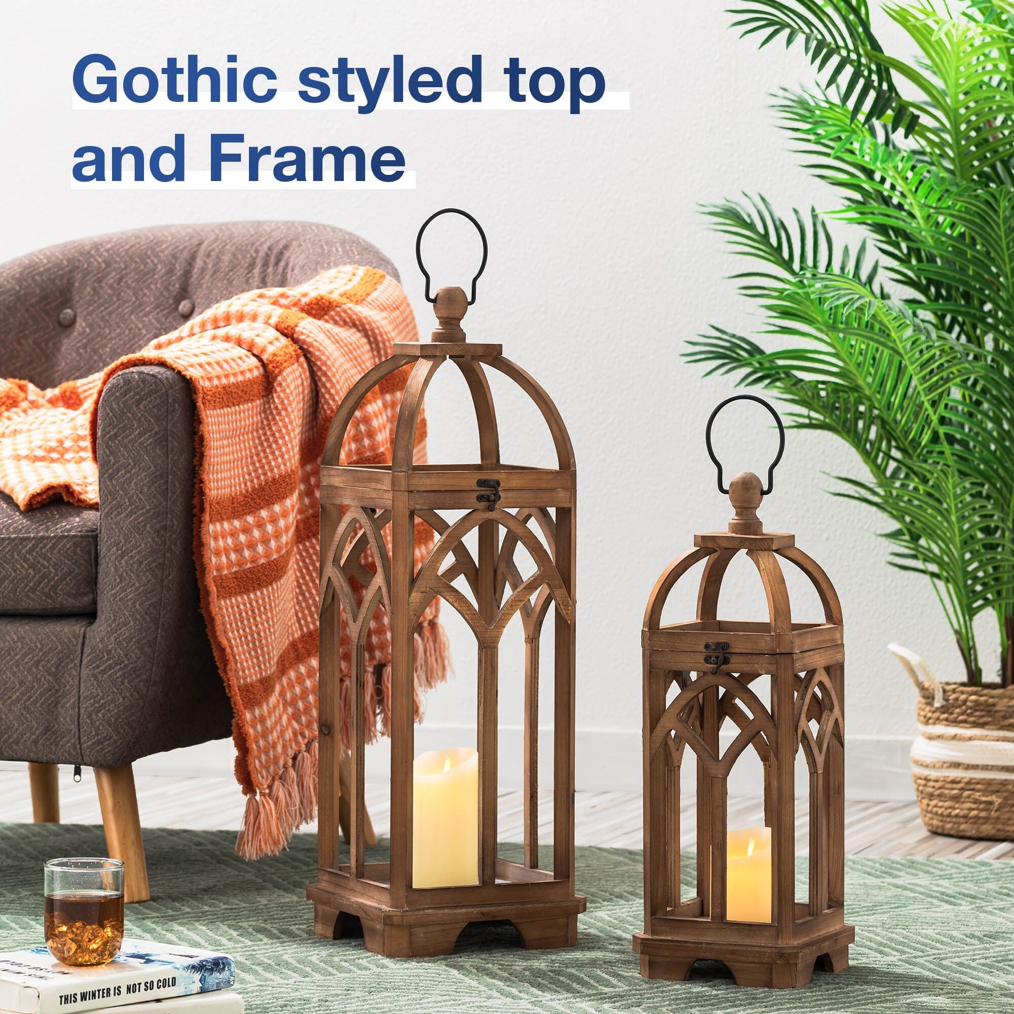 Glitzhome Set of 2 Wooden Church Style Fall Decorative Lanterns Candle Holders