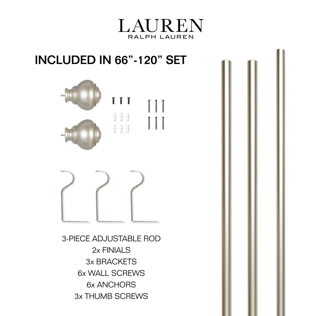 Lauren Ralph Lauren Markel 1 Adjustable Window Curtain Rod and Finial Set