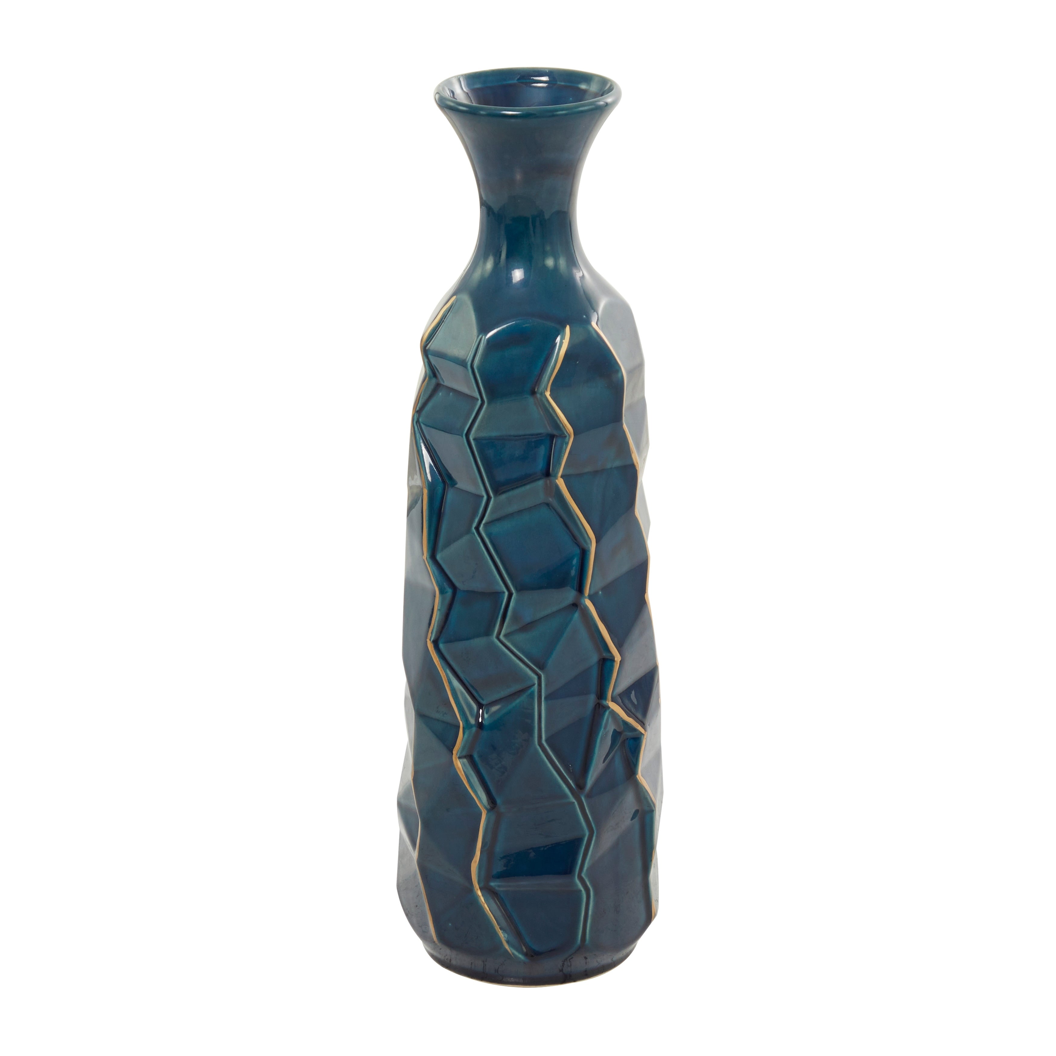 Ceramic Faceted Vase with Gold Accents - Teal - Roche River Decor