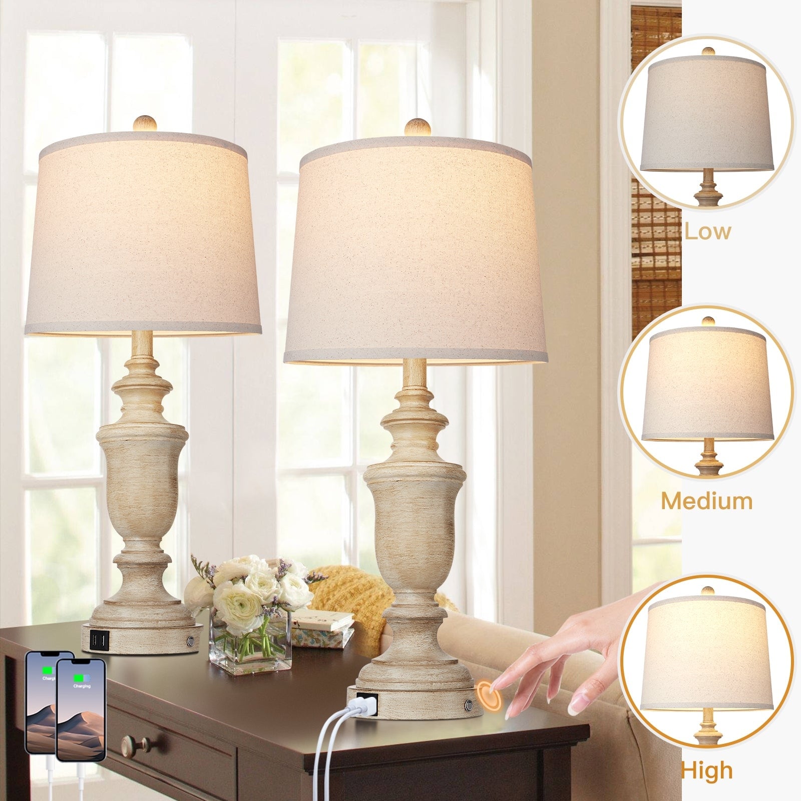 Beige Resin Table Lamps USB and Type-C Ports 3-Way Touch Switch (Set of 2) - 12.5'' x 12.5'' x 25.6'' (L x W x H)