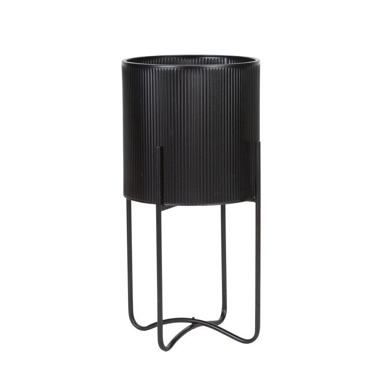 Everett Black Mid-Century Modern Indoor Metal Pot Planter with Tall Metal Base