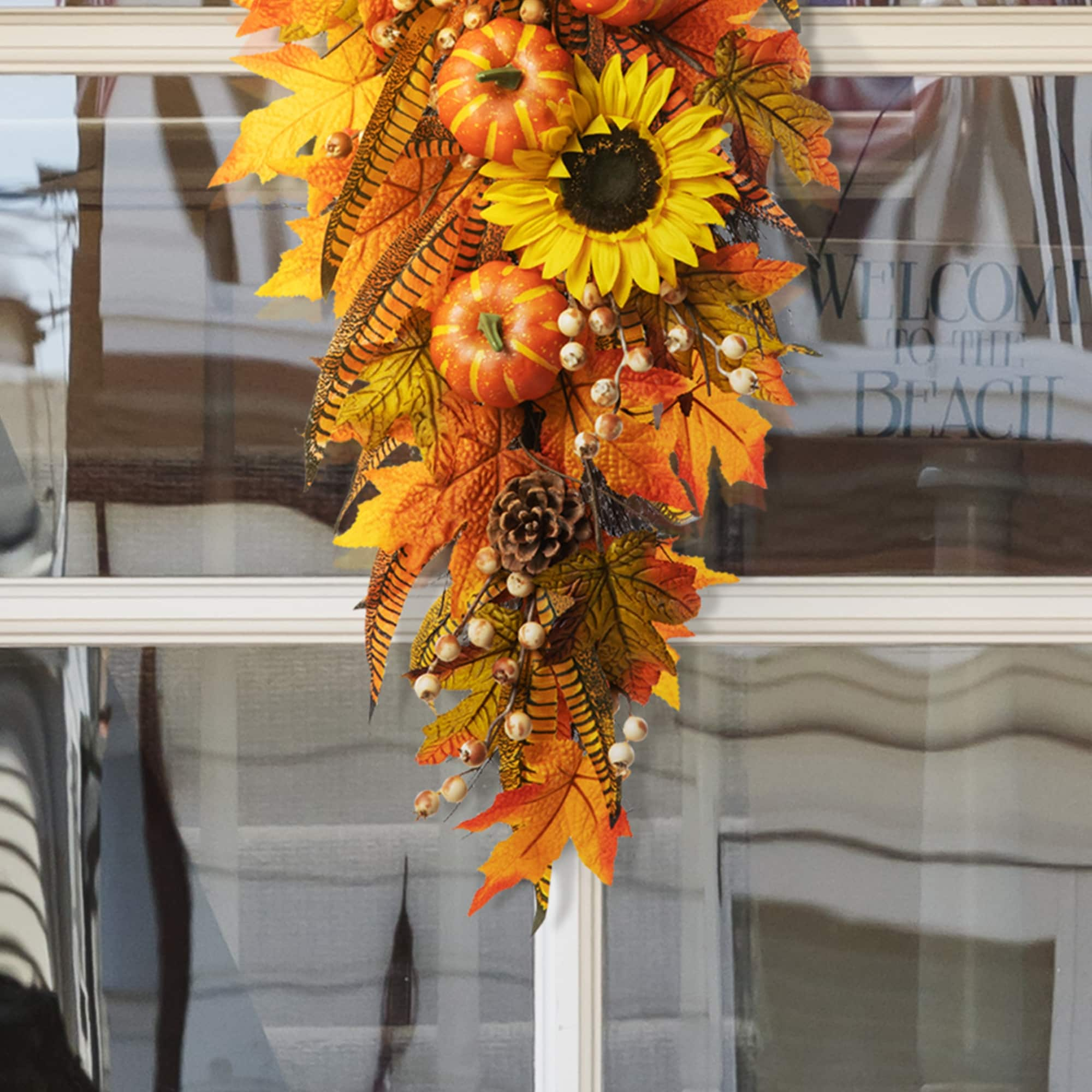 Glitzhome 26H Fall Sunflower Pumpkin Lotus Leaf Teardrop Swag for Thanksgiving