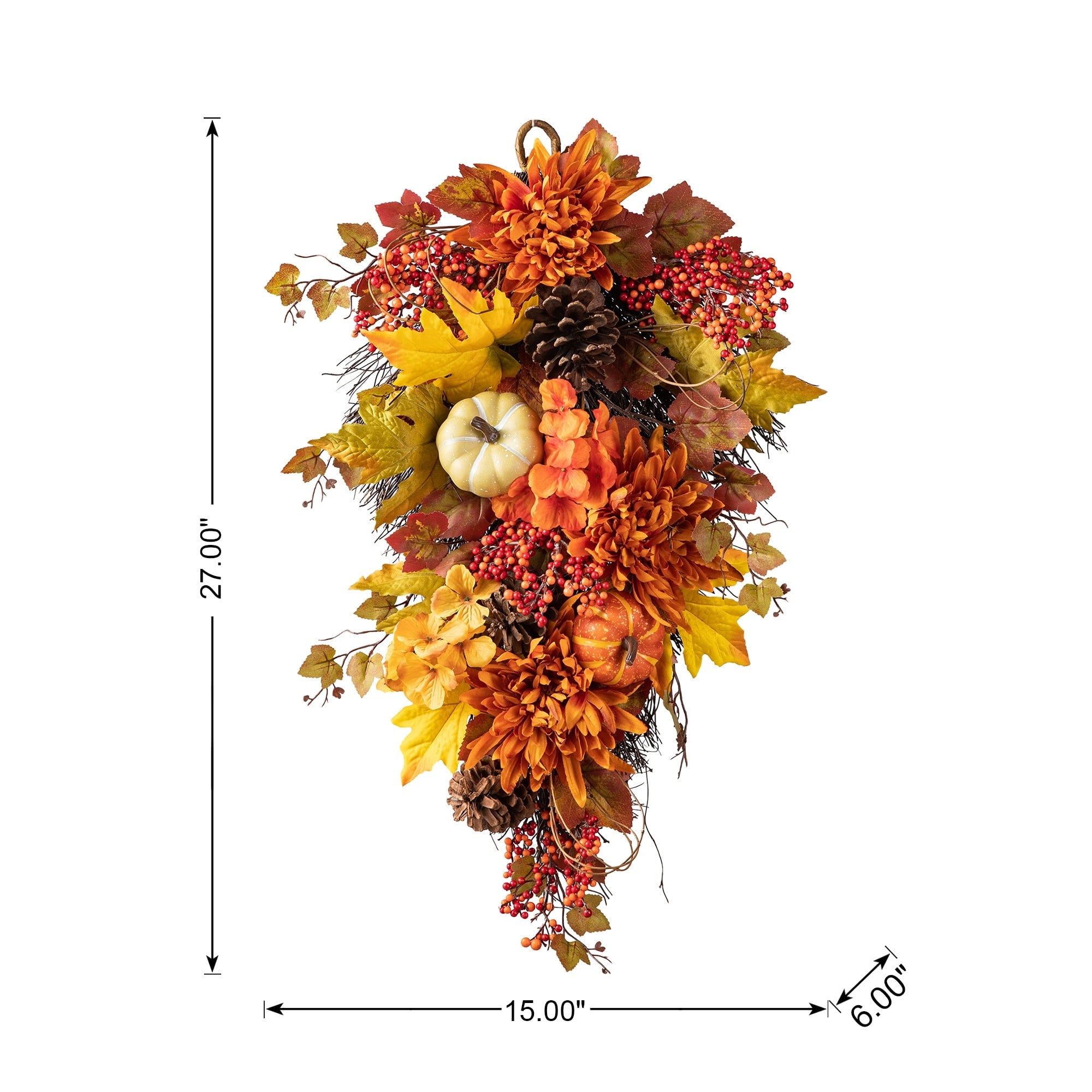 Glitzhome 26H Fall Sunflower Pumpkin Lotus Leaf Teardrop Swag for Thanksgiving