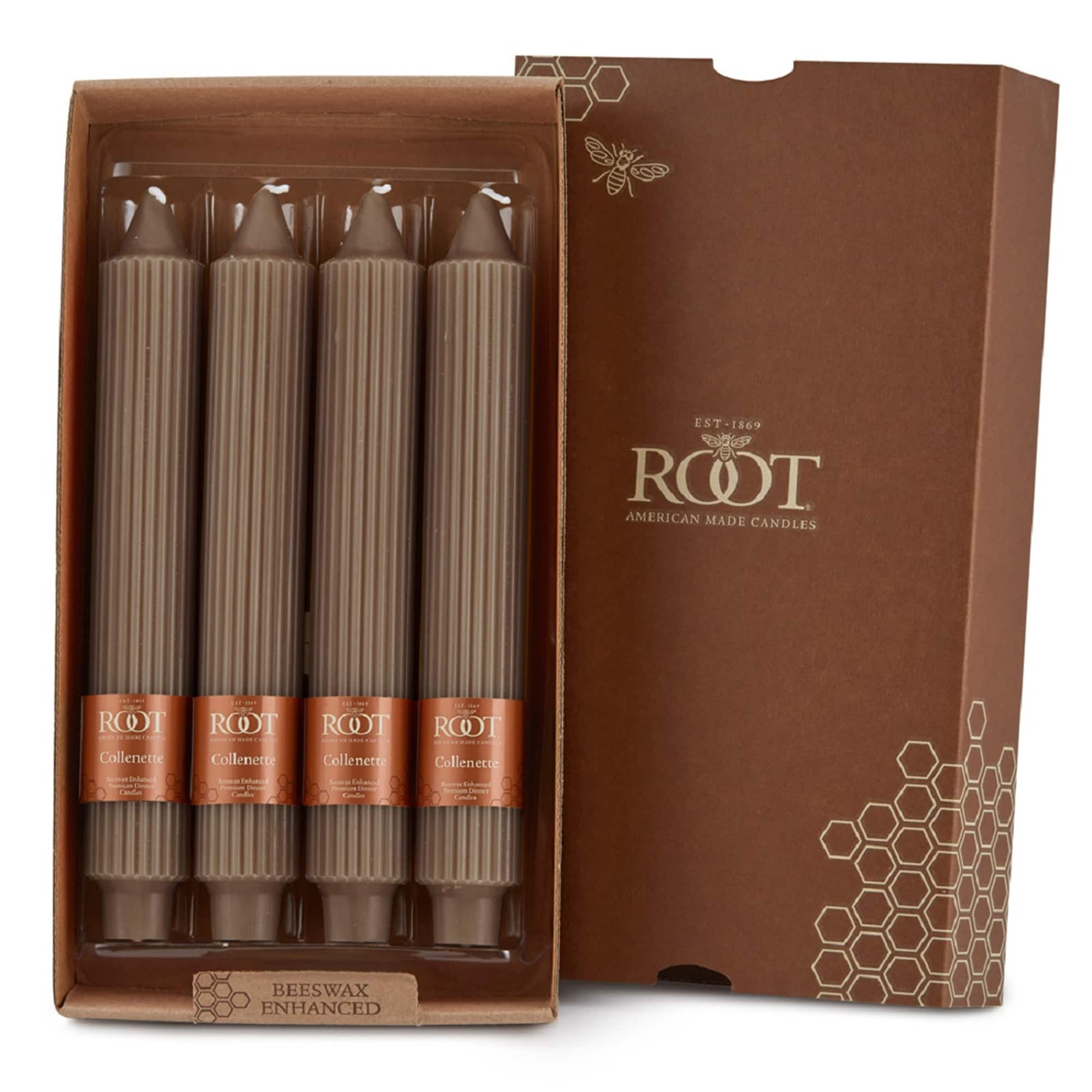 Root Unscented Grecian Collenette Taper Candles box of 4