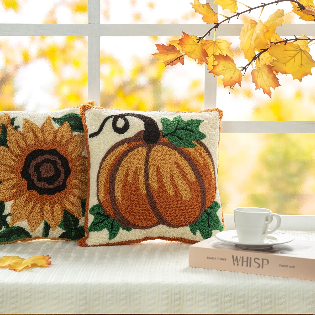 Glitzhome 14''H Fall Hooked Pumpkin & Sunflower Pillow