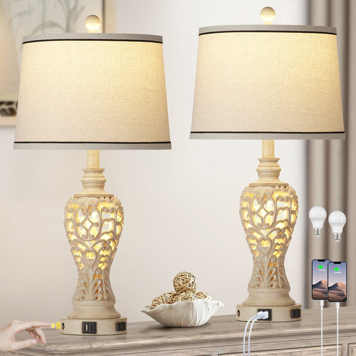 Resin Nightlight Table Lamp 2in1 with USB Charging Port & Type-C Charging Port & AC Outlet 2 Independent Switches (Set of 2)