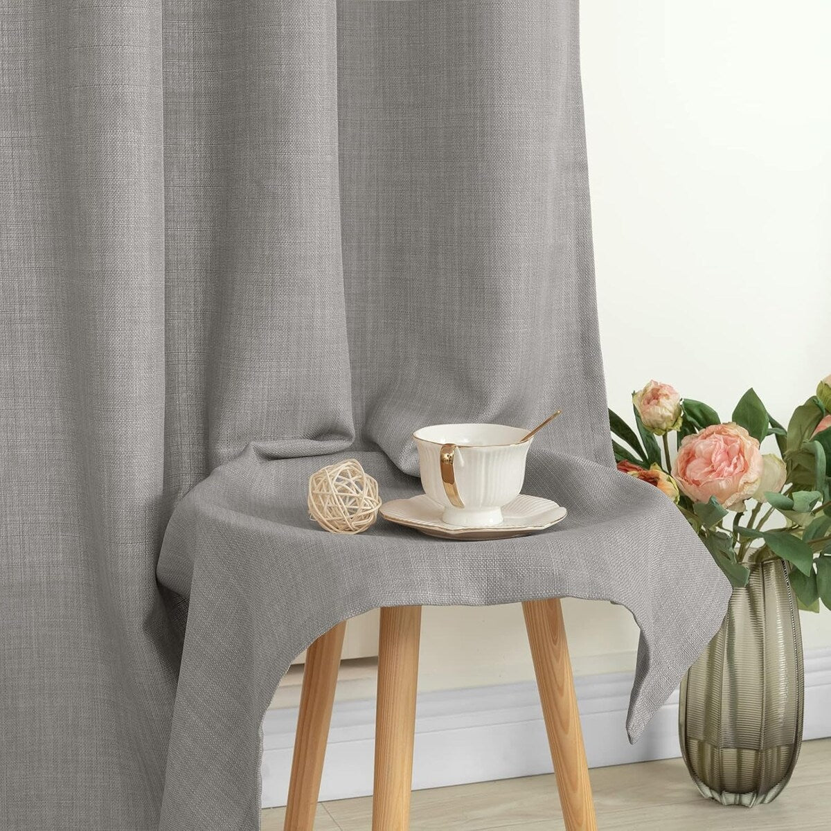 Natural Linen Curtains for Living Room, Faux Linen Textured Privacy Drapes Grommet Boho Panels, Set of 2 Panels