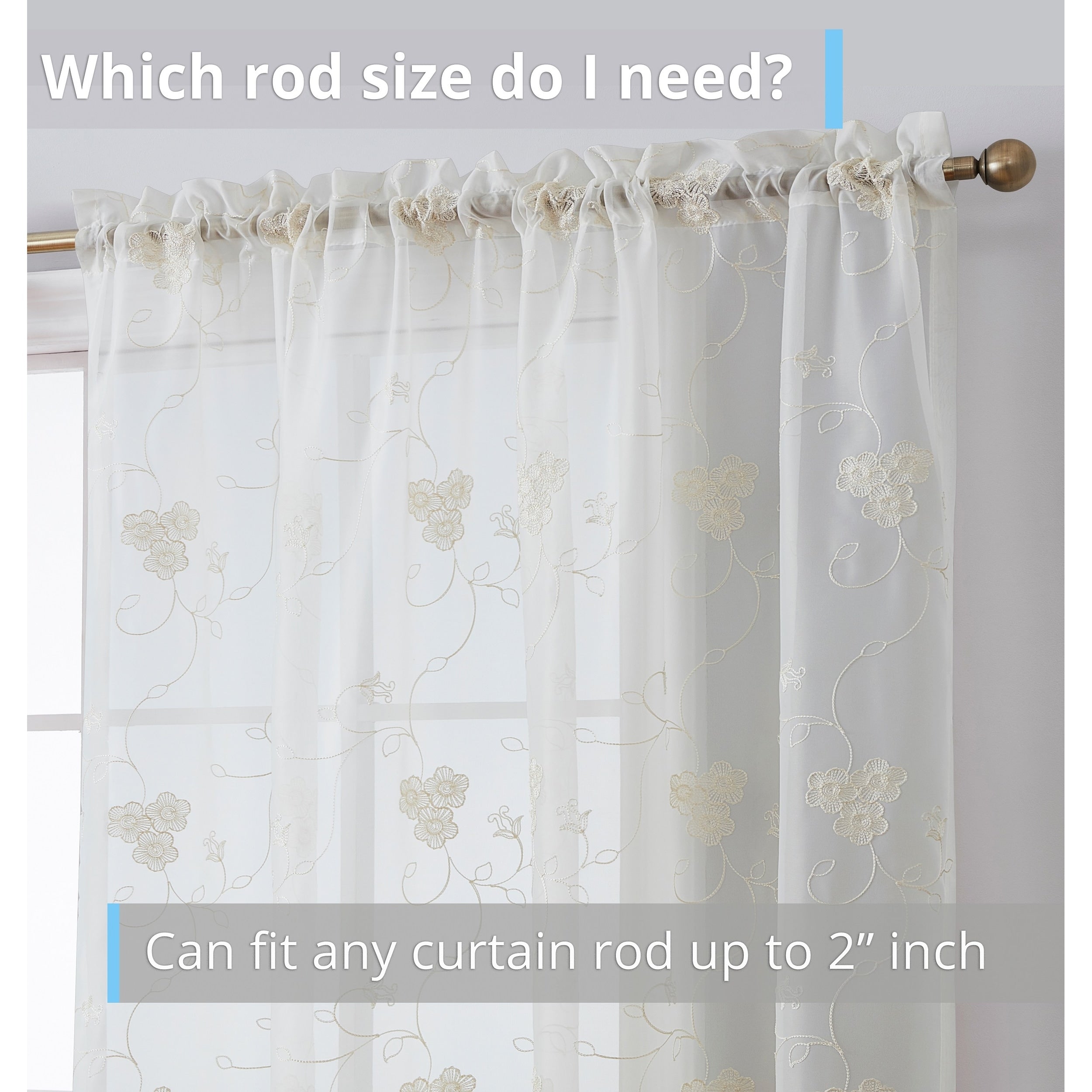 HLC.me Allegra Floral Vine Embroidered Sheer Light Filtering Window Curtain Drapery Rod Pocket Top Panels, Set of 2