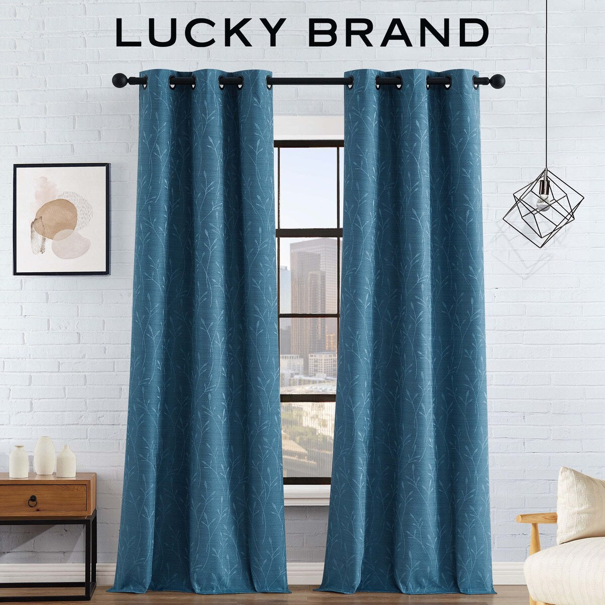 Lucky Brand Sondra Textured Leaf Pattern Blackout Grommet Window Curtain Panel Pair with Tiebacks