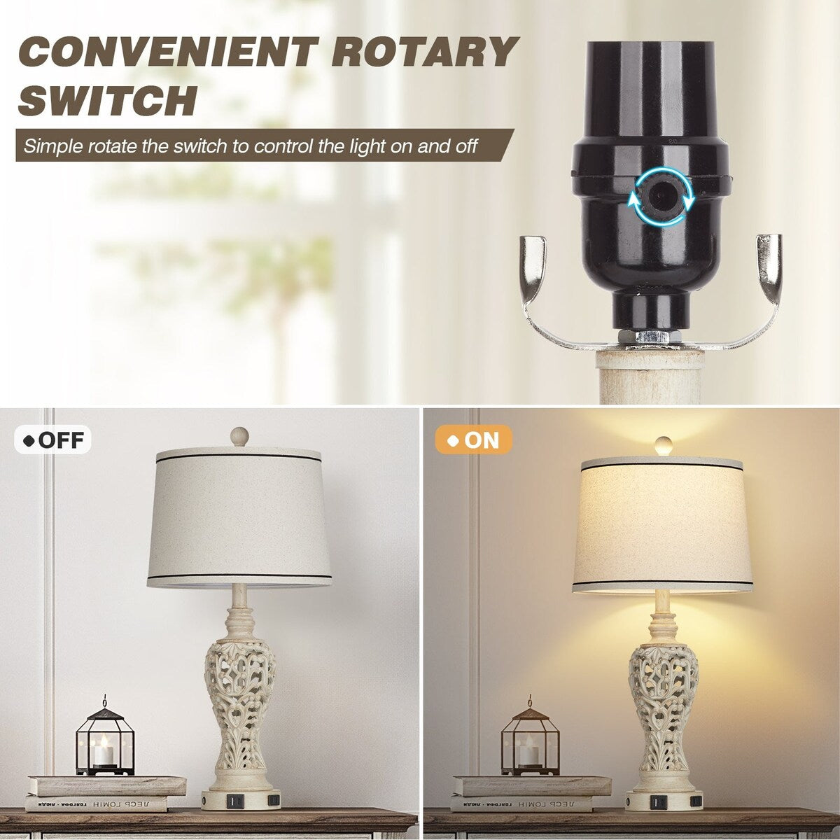 Resin Nightlight Table Lamp 2in1 with USB Charging Port & Type-C Charging Port & AC Outlet 2 Independent Switches (Set of 2)