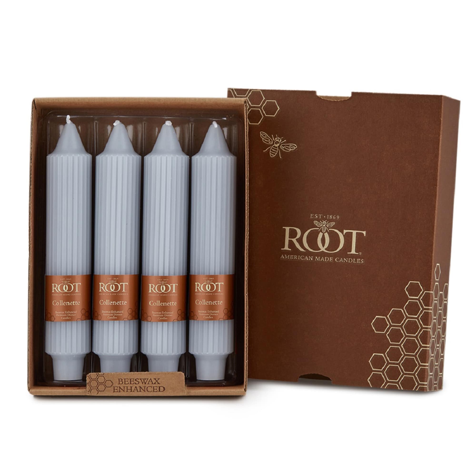 Root Unscented Grecian Collenette Taper Candles box of 4