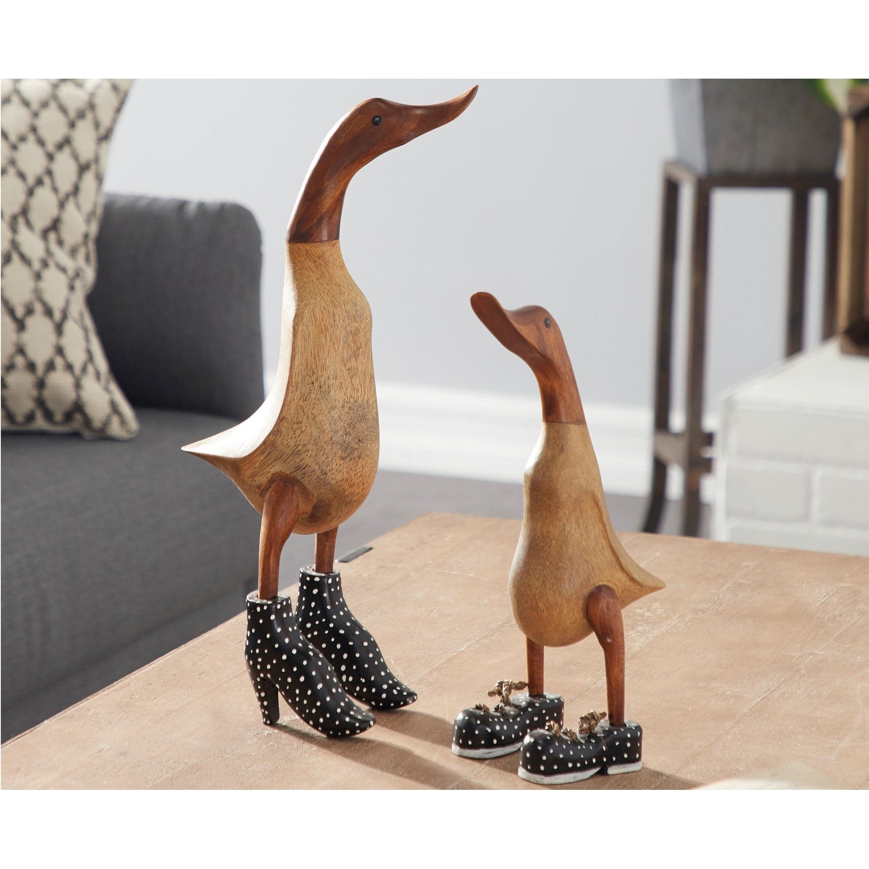 Brown Bamboo Wood Duck Decorative Sculpture with High Heels and Boots (Set of 2)