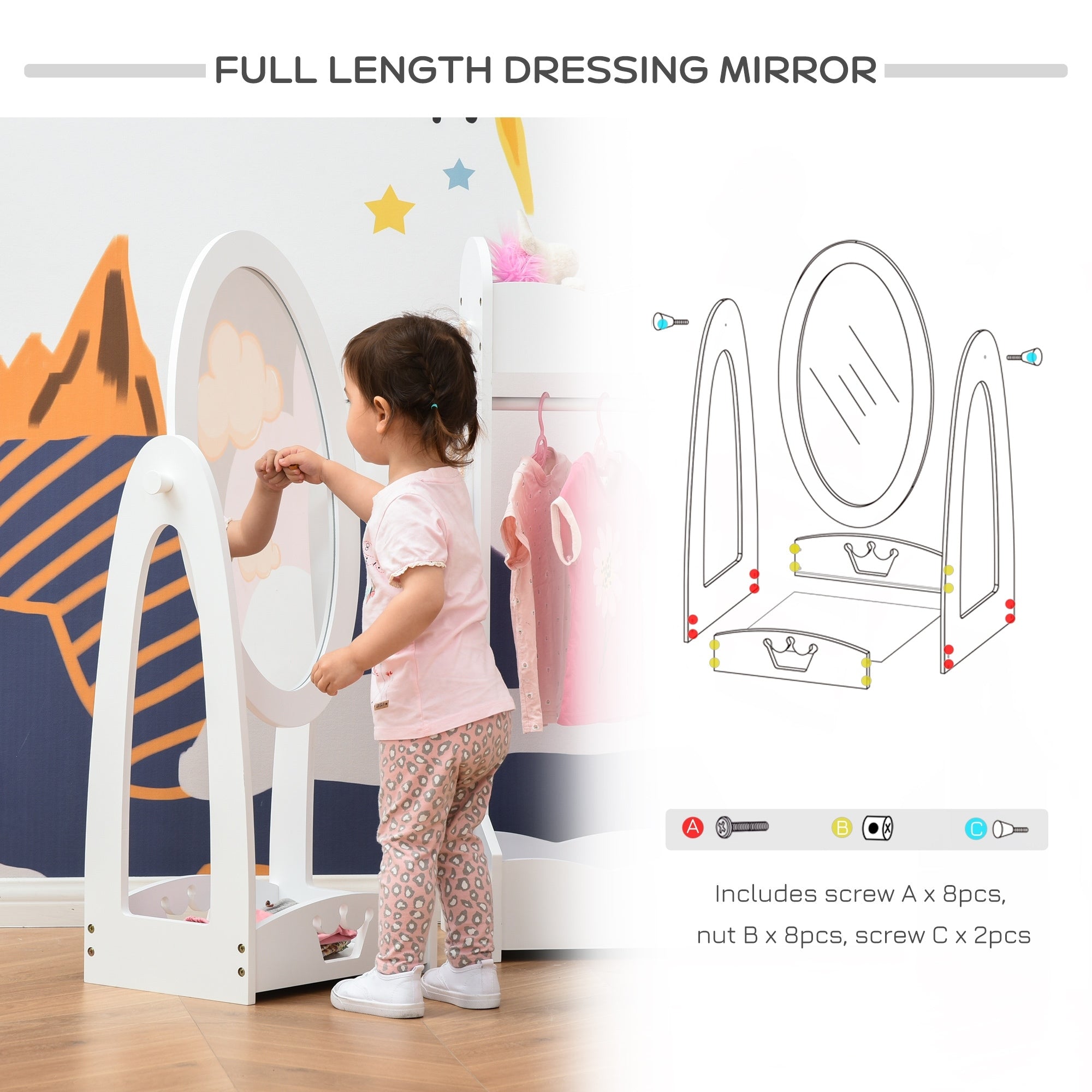 HOMCOM Full Length Mirror for Kids Girls Bedroom Decor, White - 15.75L x 11.75W x 41H