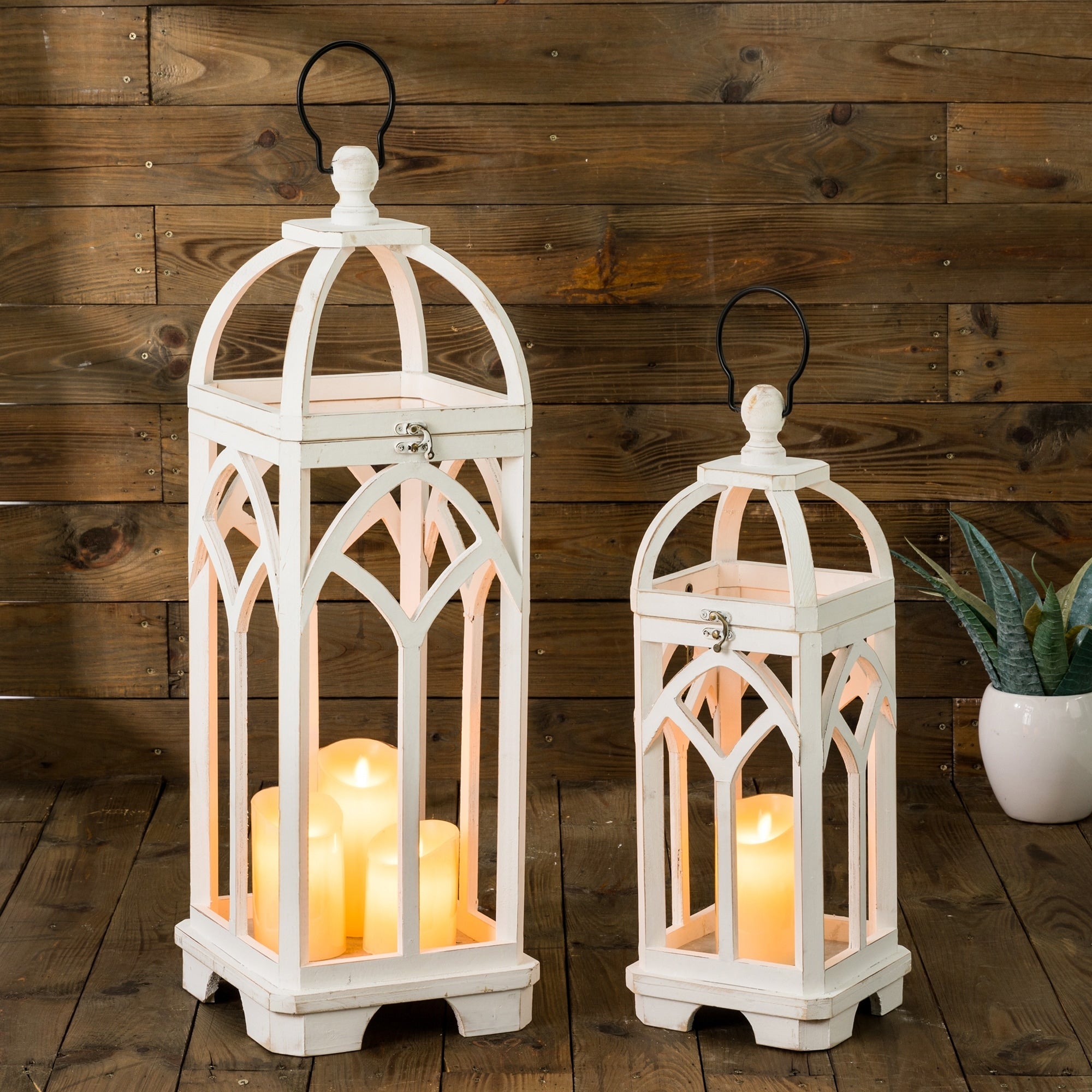 Glitzhome Set of 2 Wooden Church Style Fall Decorative Lanterns Candle Holders