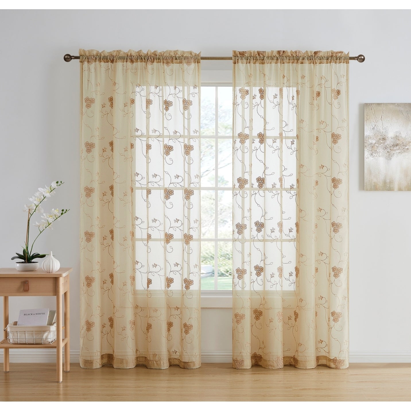 HLC.me Allegra Floral Vine Embroidered Sheer Light Filtering Window Curtain Drapery Rod Pocket Top Panels, Set of 2