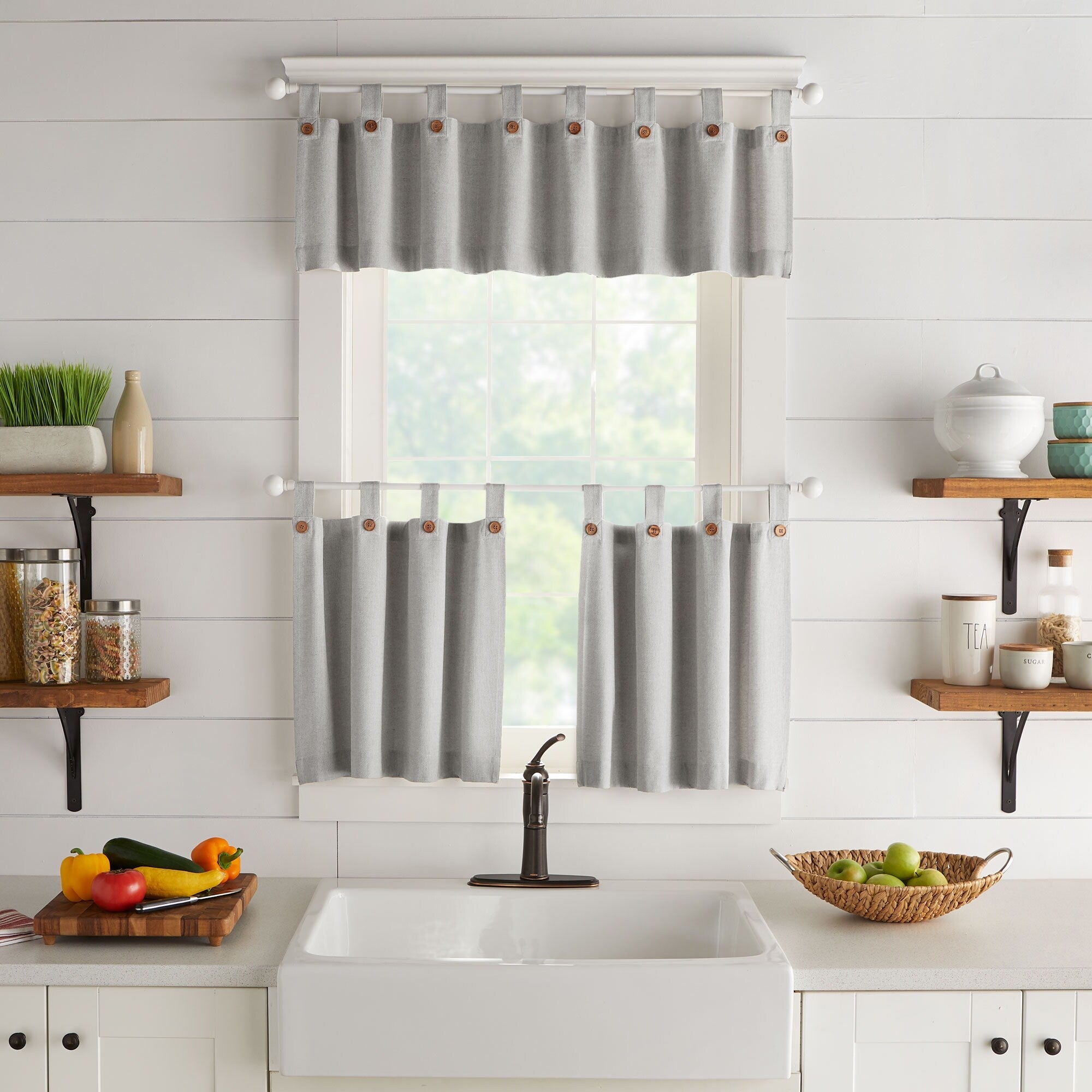 Tucker Solid Button Kitchen Curtain Tier Set