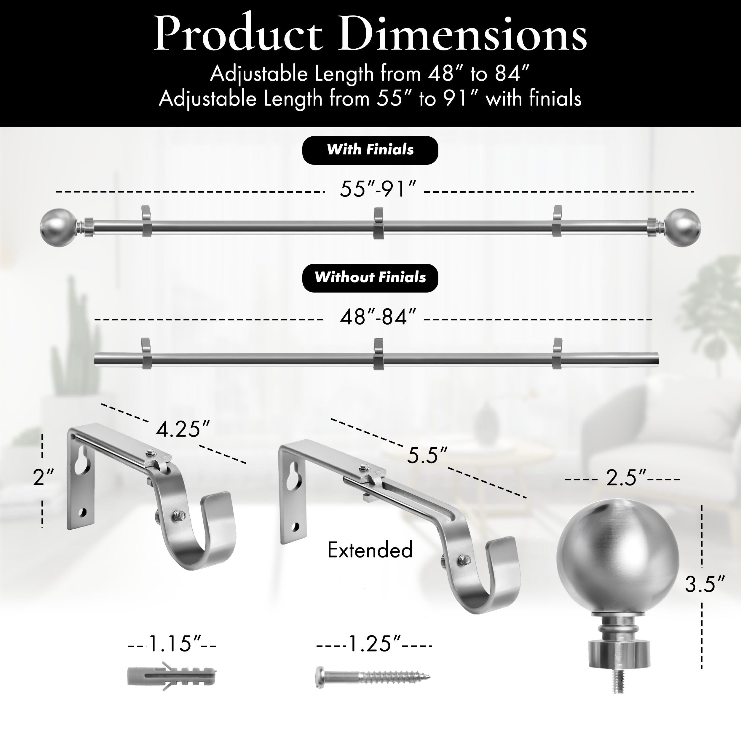 Meriville 1-Inch Diameter Ball Single Window Curtain Rod