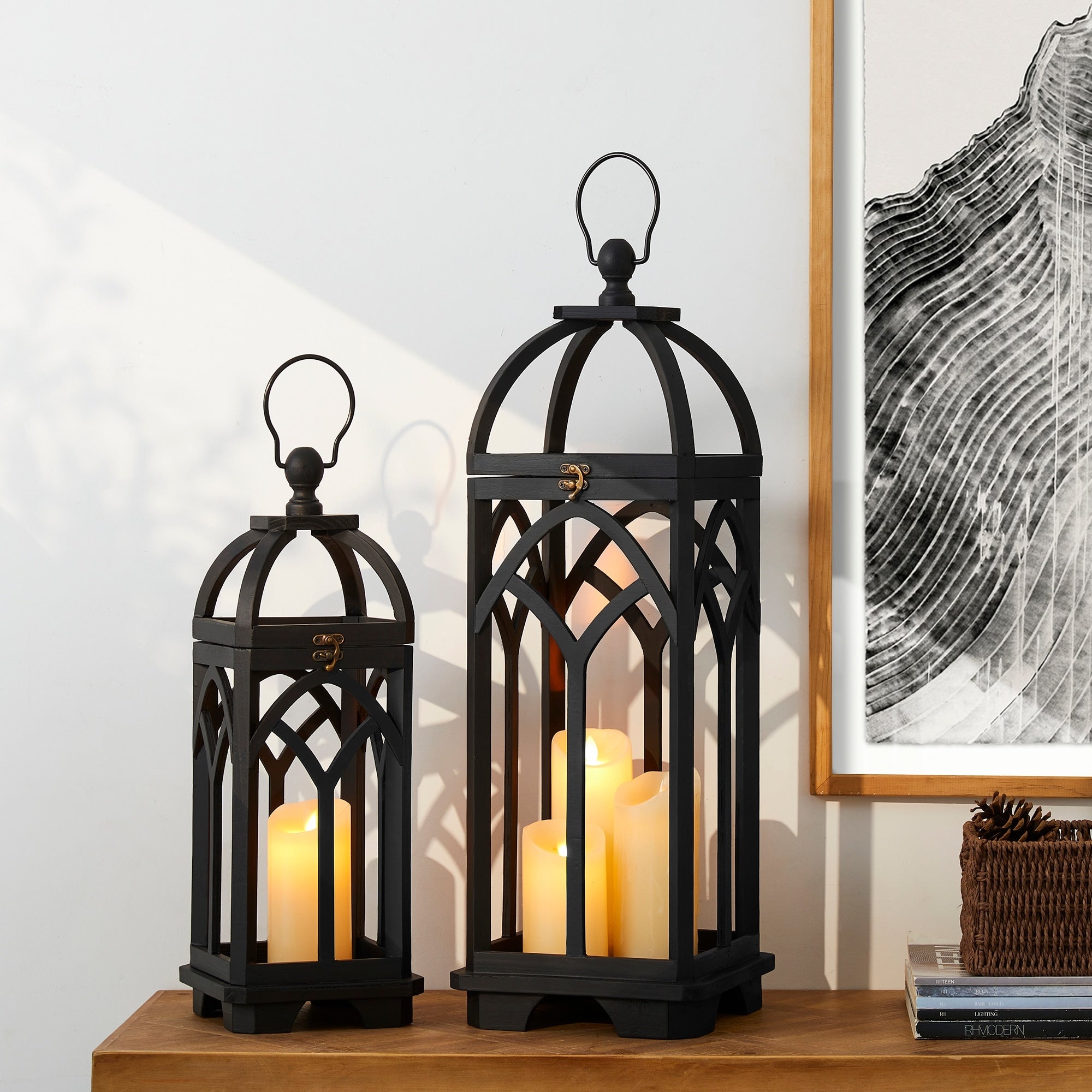 Glitzhome Set of 2 Wooden Church Style Fall Decorative Lanterns Candle Holders