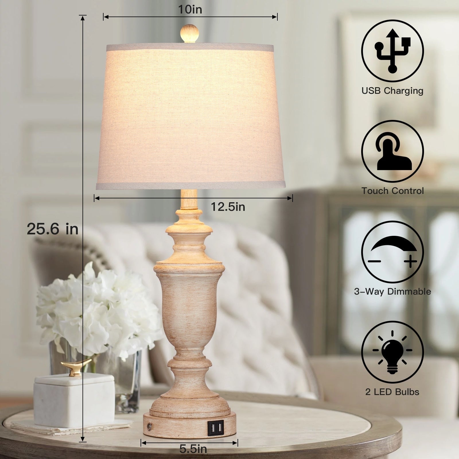 Beige Resin Table Lamps USB and Type-C Ports 3-Way Touch Switch (Set of 2) - 12.5'' x 12.5'' x 25.6'' (L x W x H)