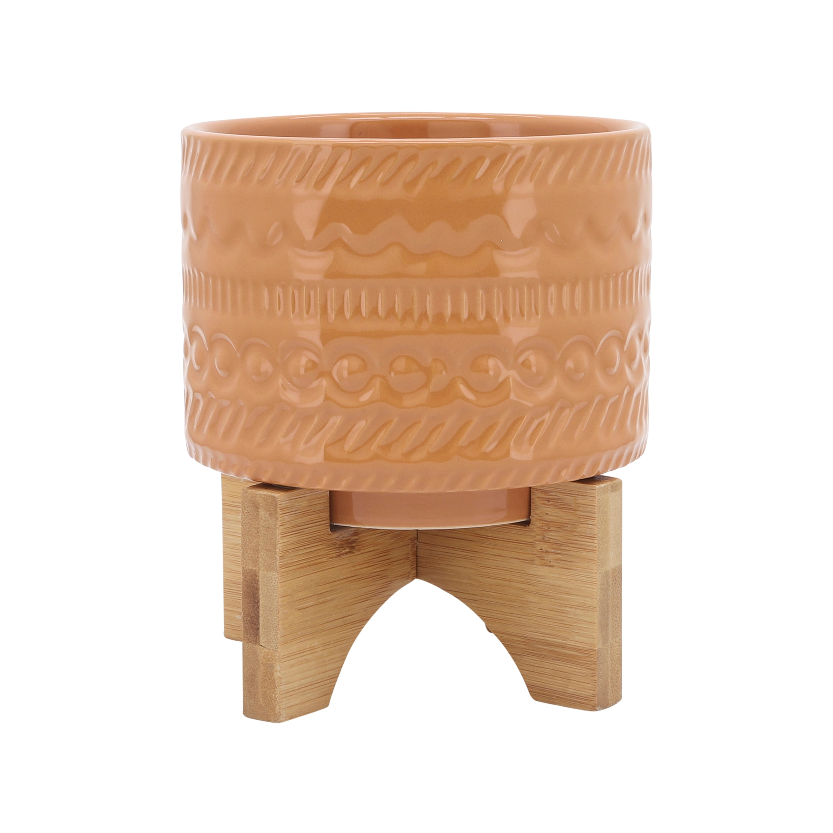 Sagebrook Home Tribal Ceramic Planter Pot with Natural Wood Stand