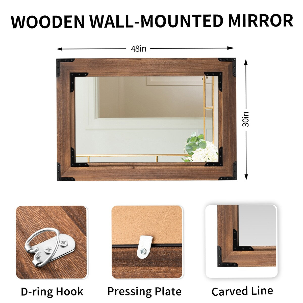 Rustic Wooden Framed Wall Mirror, Natural Wood Bathroom Vanity Mirror - Brown