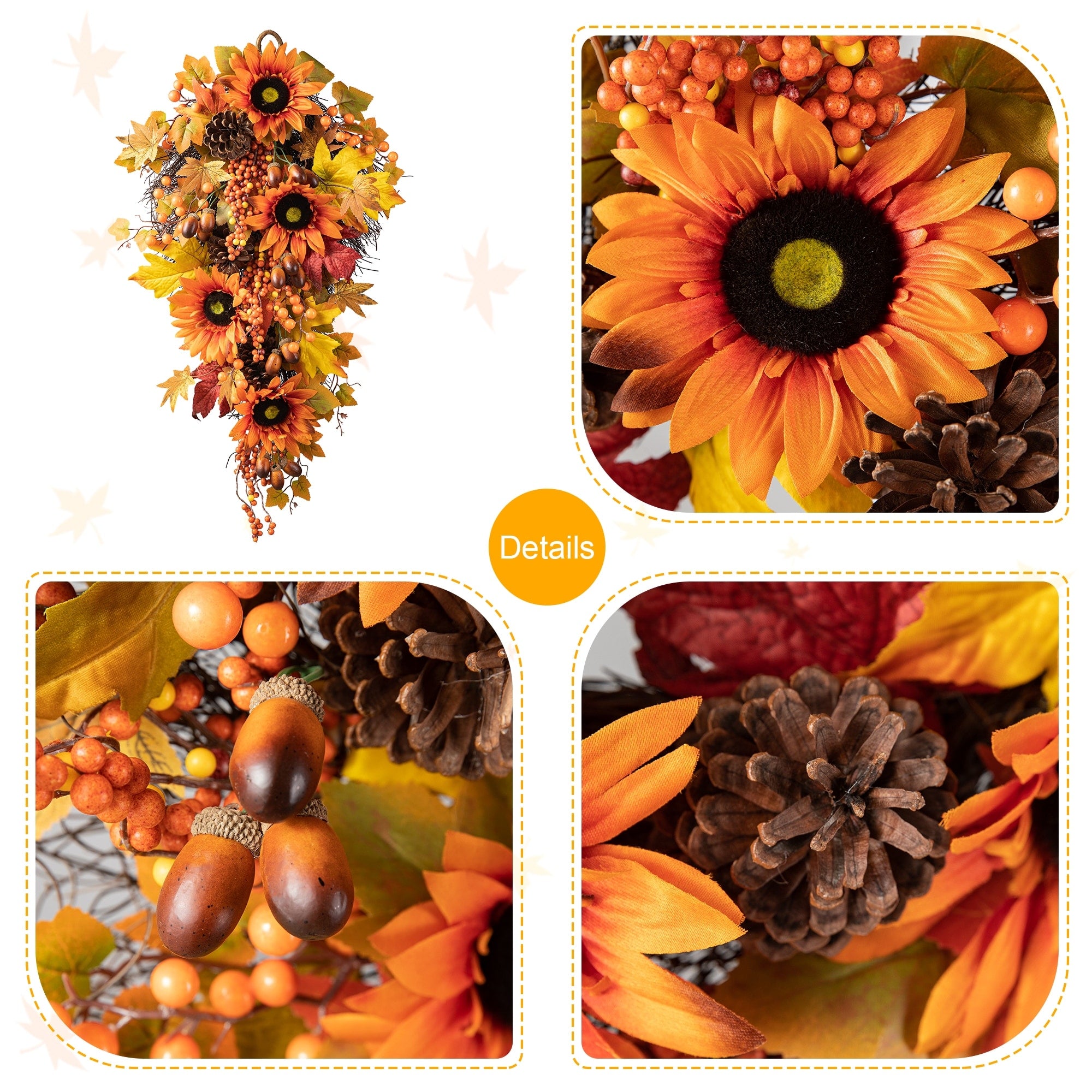 Glitzhome 26H Fall Sunflower Pumpkin Lotus Leaf Teardrop Swag for Thanksgiving