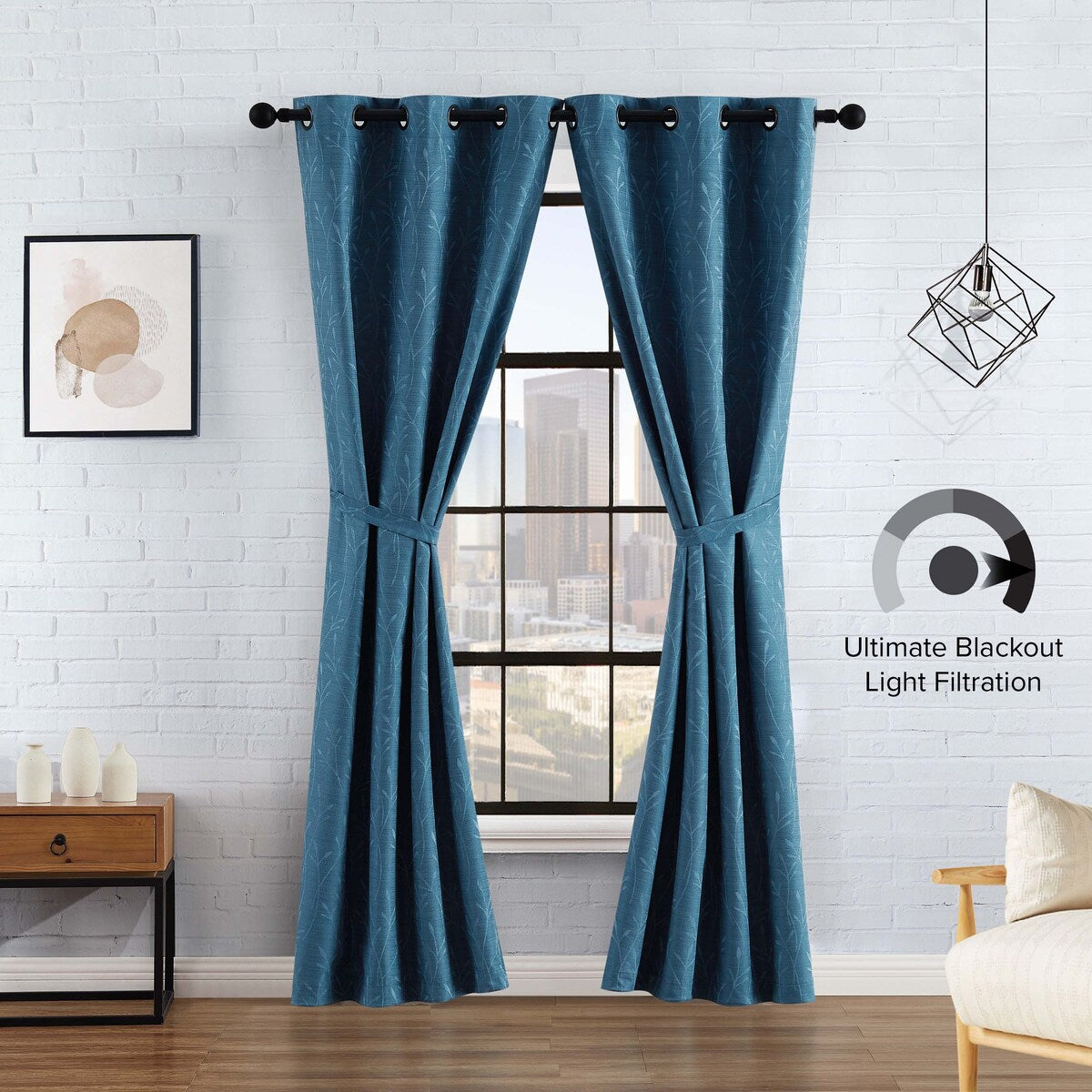 Lucky Brand Sondra Textured Leaf Pattern Blackout Grommet Window Curtain Panel Pair with Tiebacks