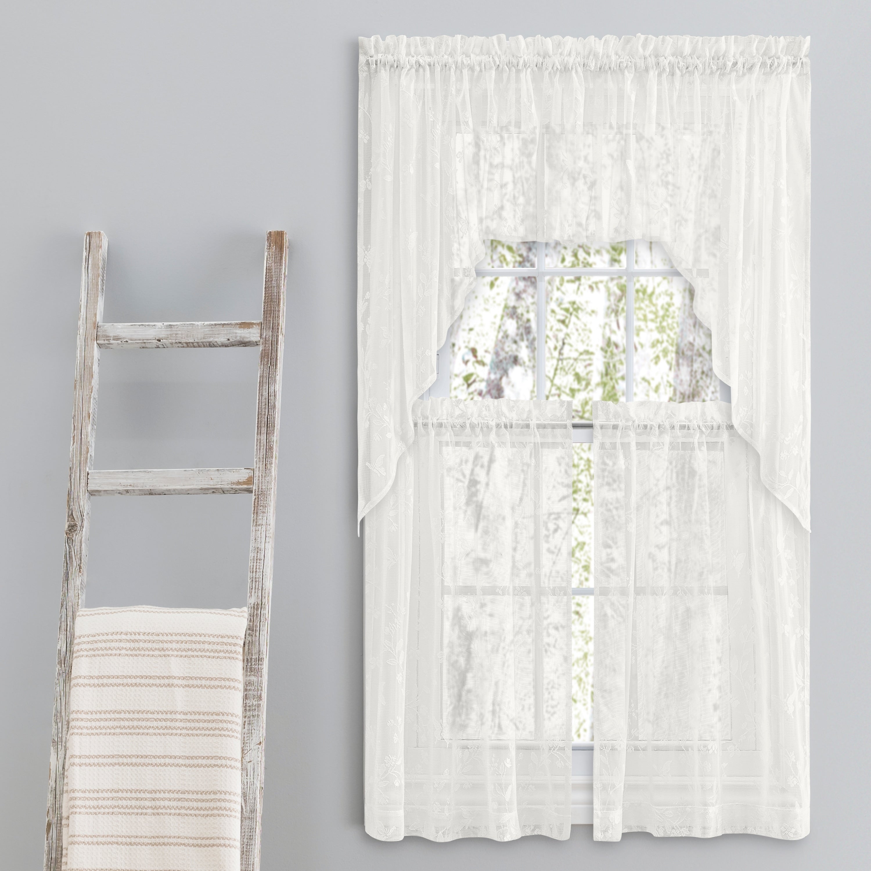 Isabella Lace Elegant Rod Pocket W Header Kitchen Curtains - Tier, Swag Pair and Tailored Valance (Sold Separately)