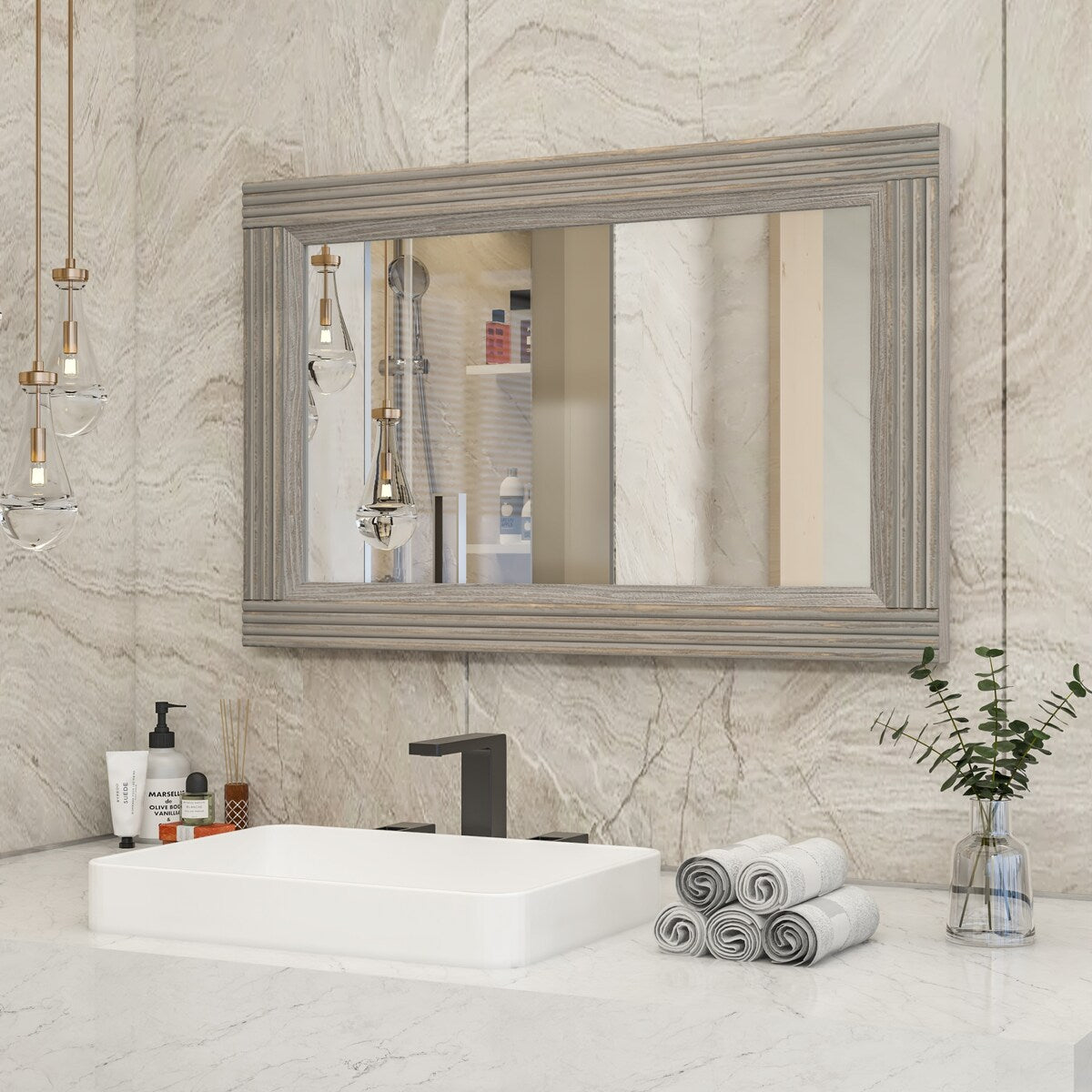 Solid Wood Frame Flat Bathroom Mirror