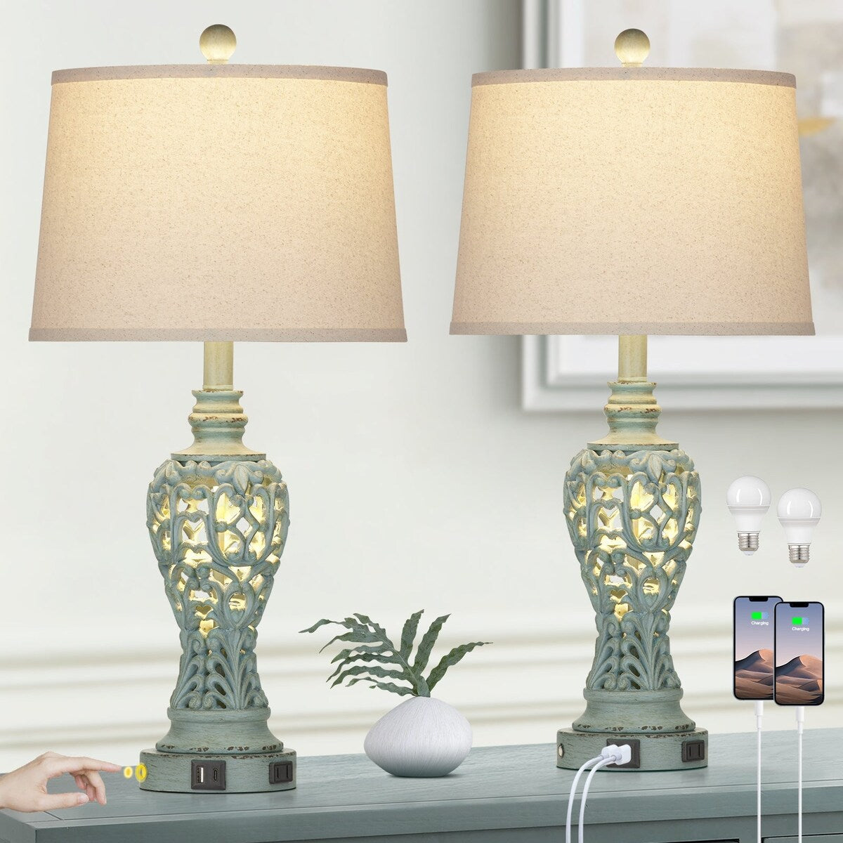 Resin Nightlight Table Lamp 2in1 with USB Charging Port & Type-C Charging Port & AC Outlet 2 Independent Switches (Set of 2)