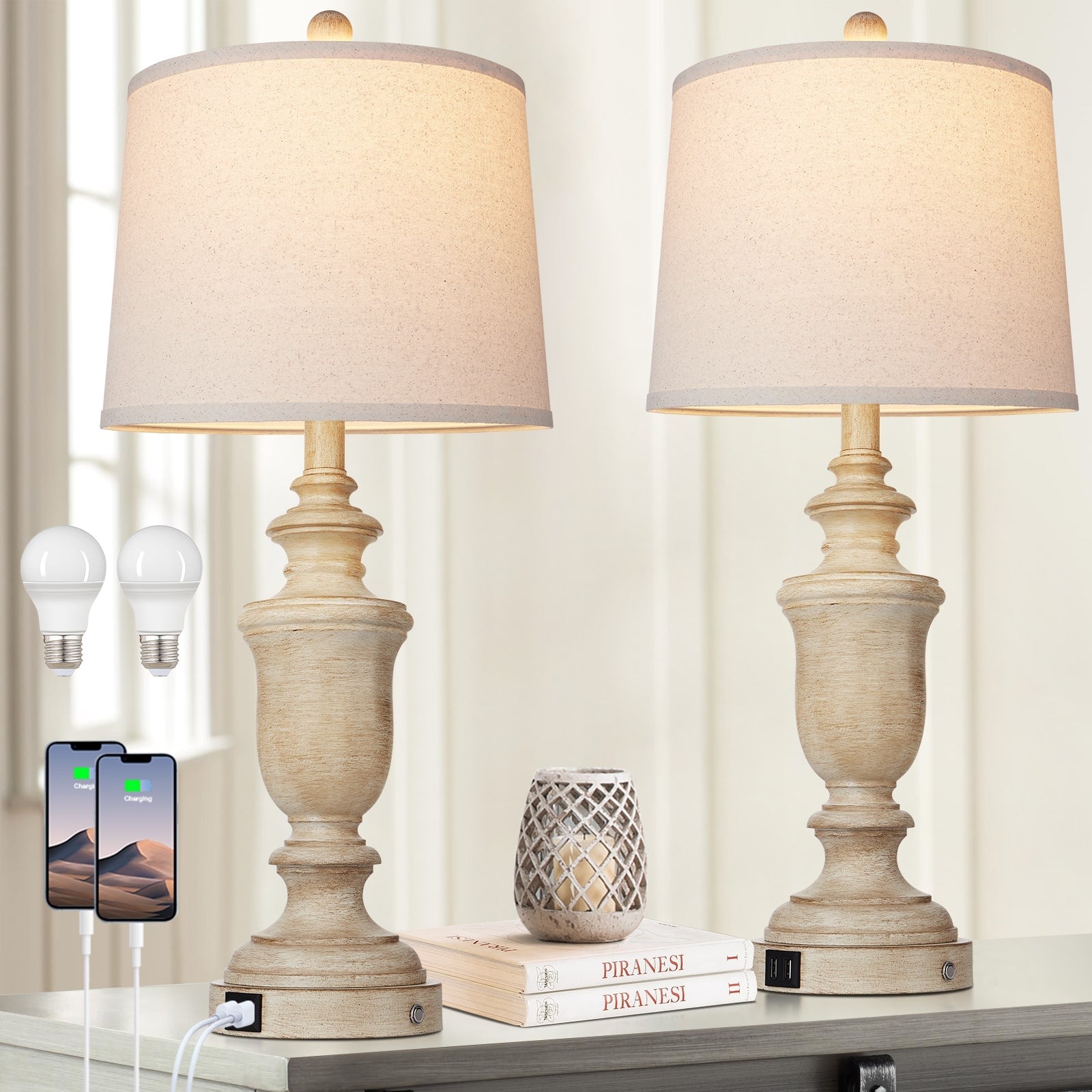 Beige Resin Table Lamps USB and Type-C Ports 3-Way Touch Switch (Set of 2) - 12.5'' x 12.5'' x 25.6'' (L x W x H)