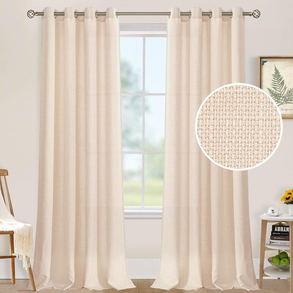 Natural Linen Curtains for Living Room, Faux Linen Textured Privacy Drapes Grommet Boho Panels, Set of 2 Panels