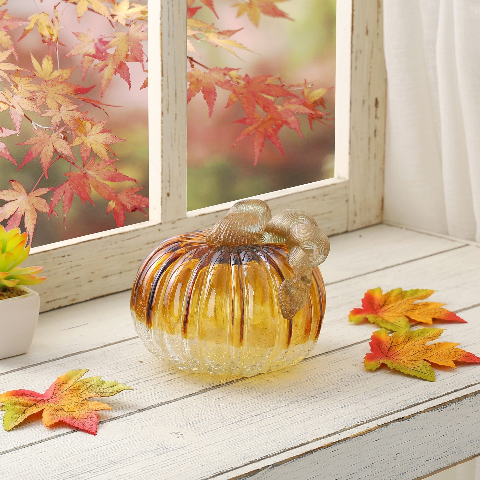 Glitzhome Amber Crackle Handblown Fall Harvest Glass Pumpkins for Thanksgiving Decor