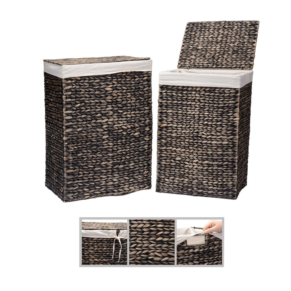 Handmade Wicker Laundry Hampers - Set of 2 Water Hyacinth Storage Baskets with Handles and Lids by Villacera