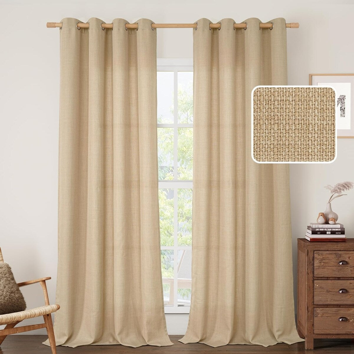 Natural Linen Curtains for Living Room, Faux Linen Textured Privacy Drapes Grommet Boho Panels, Set of 2 Panels