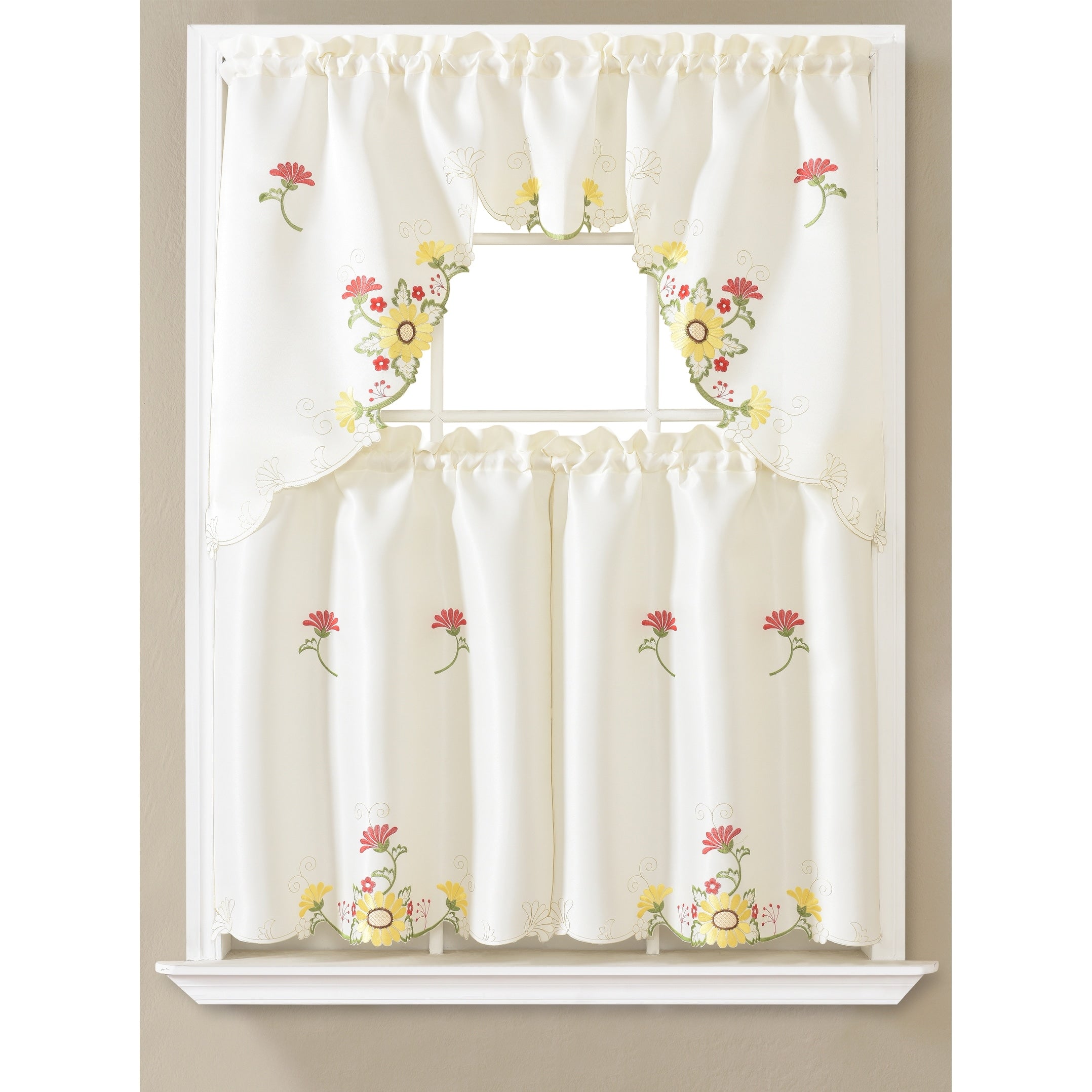 Daisy Floral Embroidered Kitchen Curtain Set with Valance & Tiers