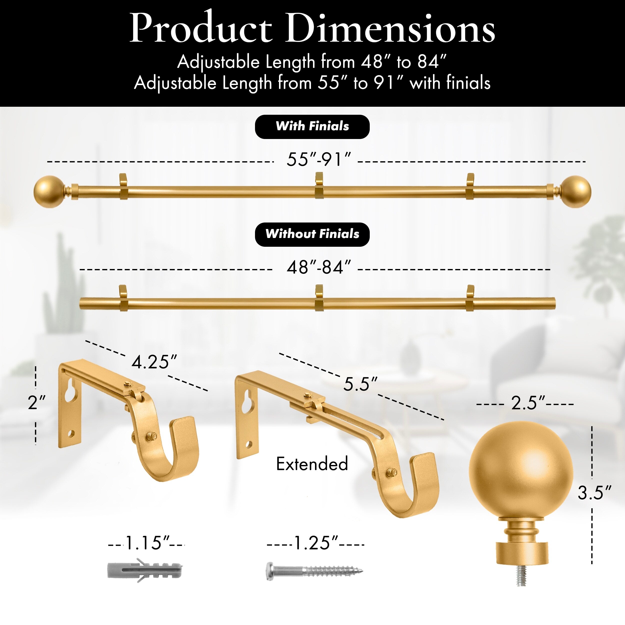 Meriville 1-Inch Diameter Ball Single Window Curtain Rod