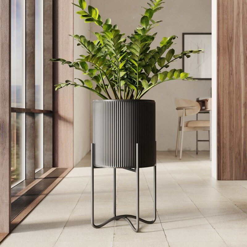 Everett Black Mid-Century Modern Indoor Metal Pot Planter with Tall Metal Base