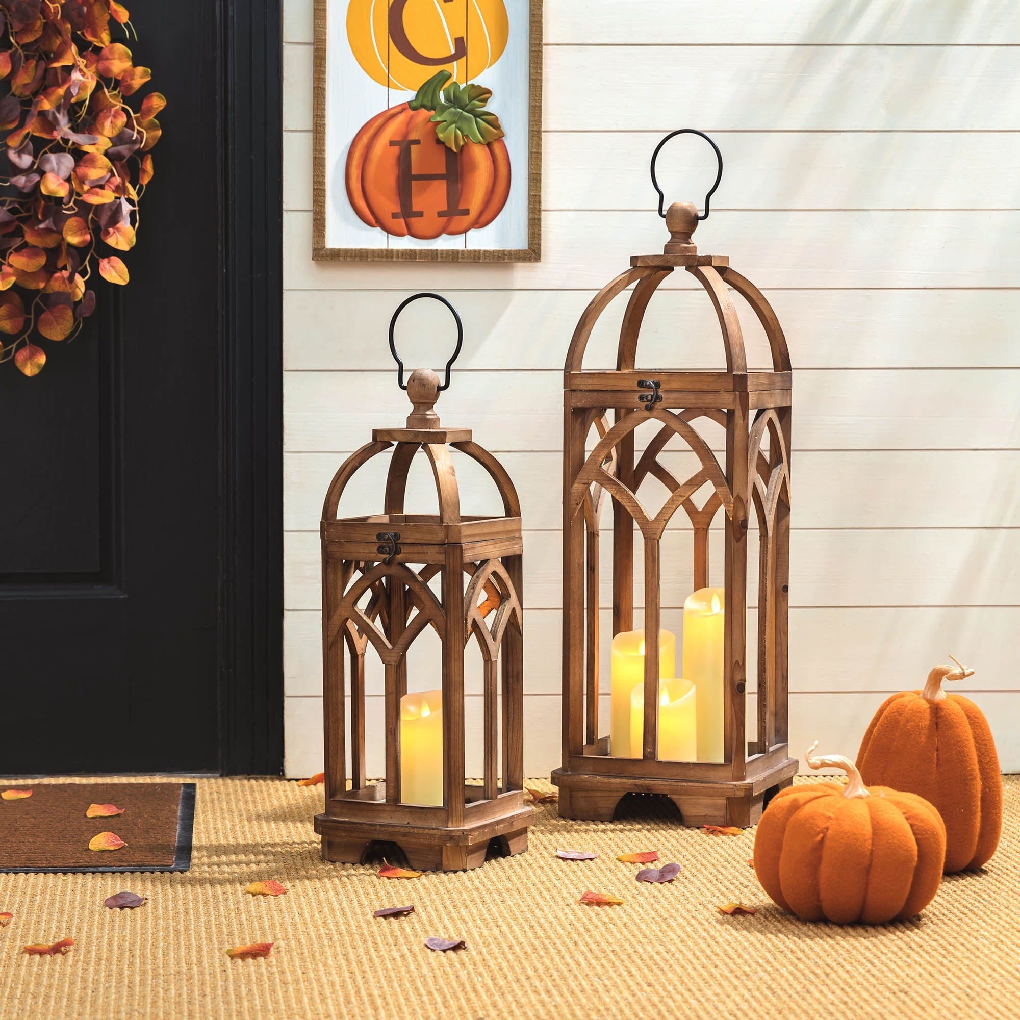 Glitzhome Set of 2 Wooden Church Style Fall Decorative Lanterns Candle Holders