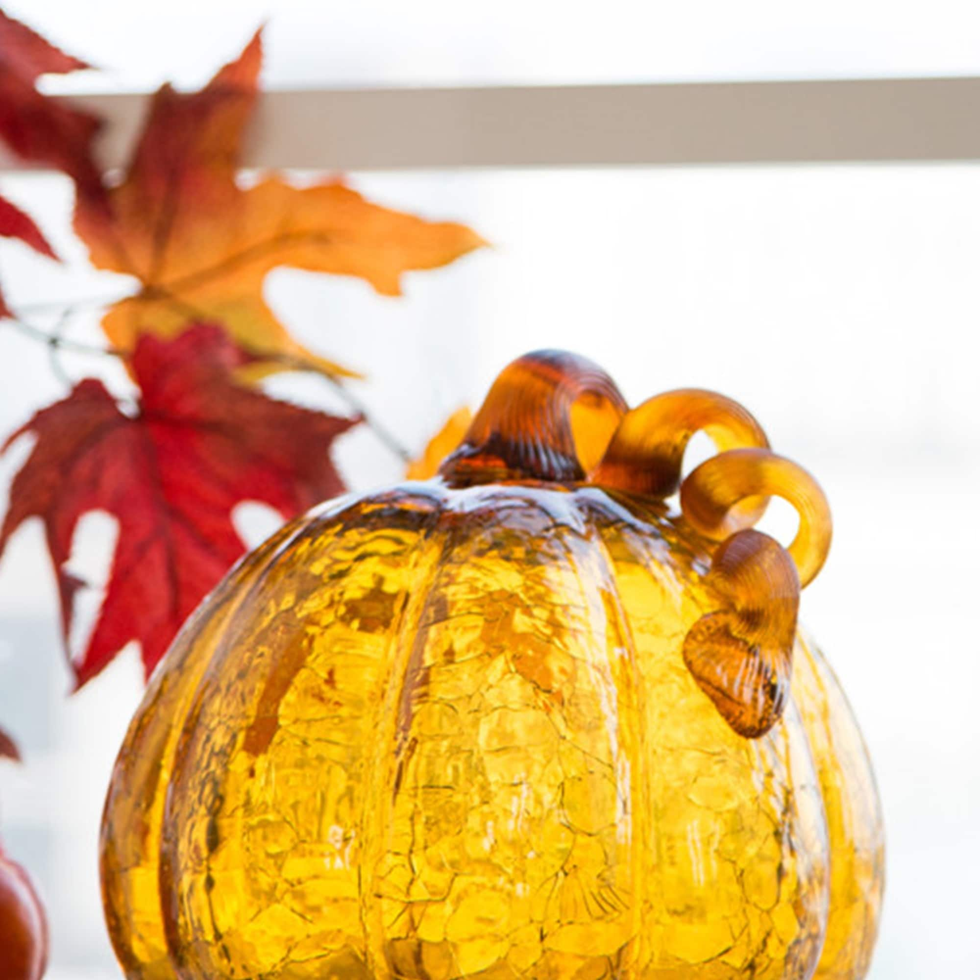 Glitzhome Amber Crackle Handblown Fall Harvest Glass Pumpkins for Thanksgiving Decor