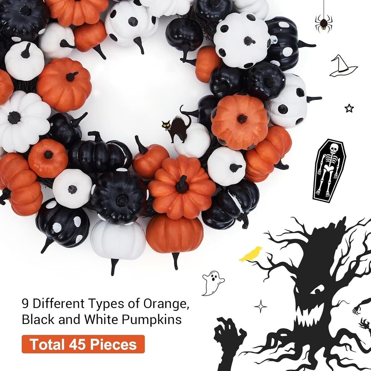 18 Inch Halloween Fall Wreath, Black Orange White Pumpkin