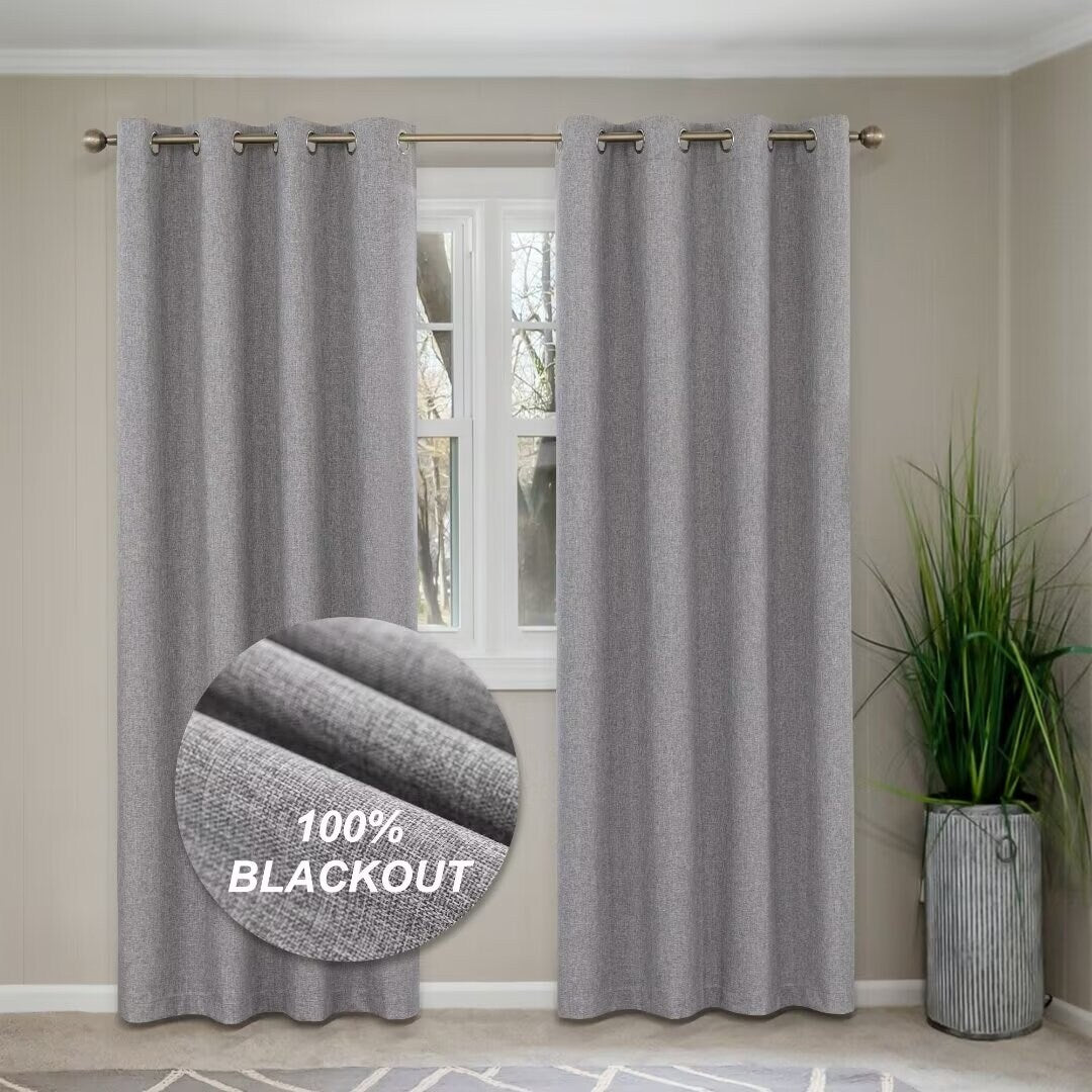 Linen Textured 100% Blackout Grommet Curtain Pair(Set of 2)