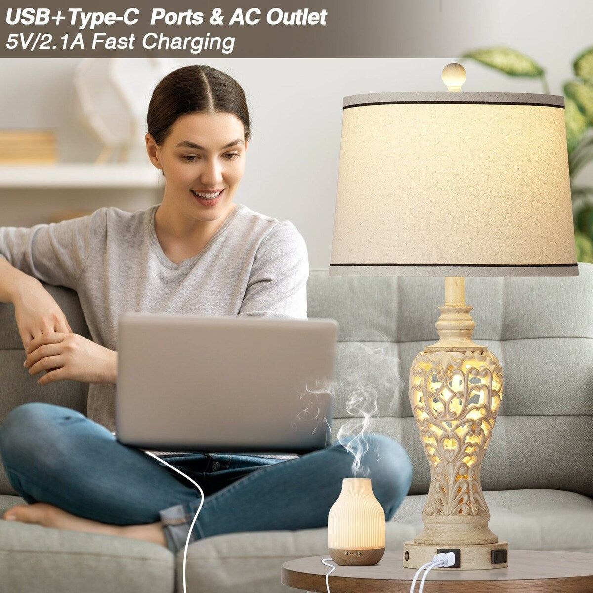 Resin Nightlight Table Lamp 2in1 with USB Charging Port & Type-C Charging Port & AC Outlet 2 Independent Switches (Set of 2)