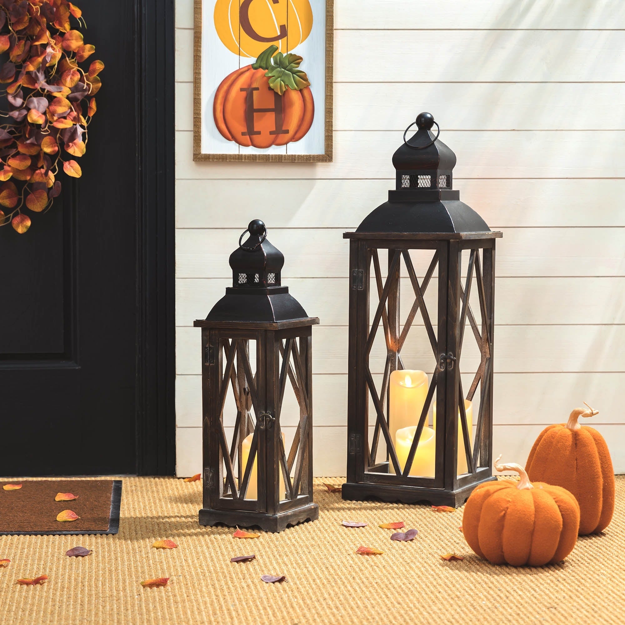 Glitzhome 2-Piece Oversize Farmhouse Wood/ Metal Hanging Candle Holders Decorative Lanterns