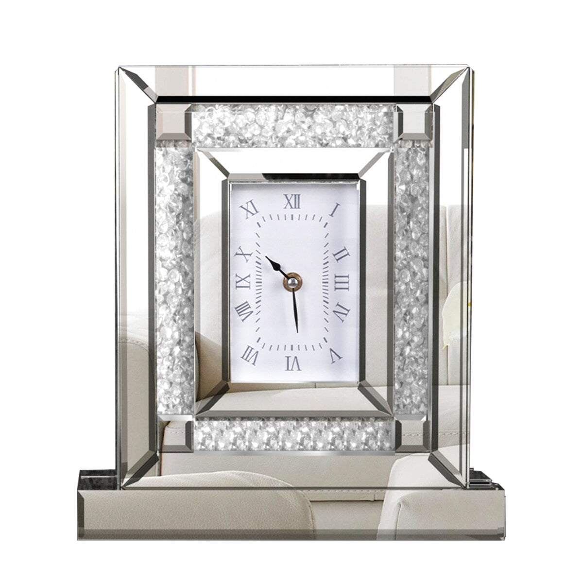 Silver Table Clock Mirrored Desk Clock with Bling Crush Diamond Glass Edge Frame Free Standing Art Decor